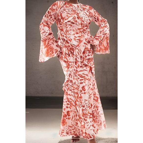 New Asos Pink Ruffle Animal Print Long Sleeve Maxi Dress Size (US)24 - Picture 1 of 14